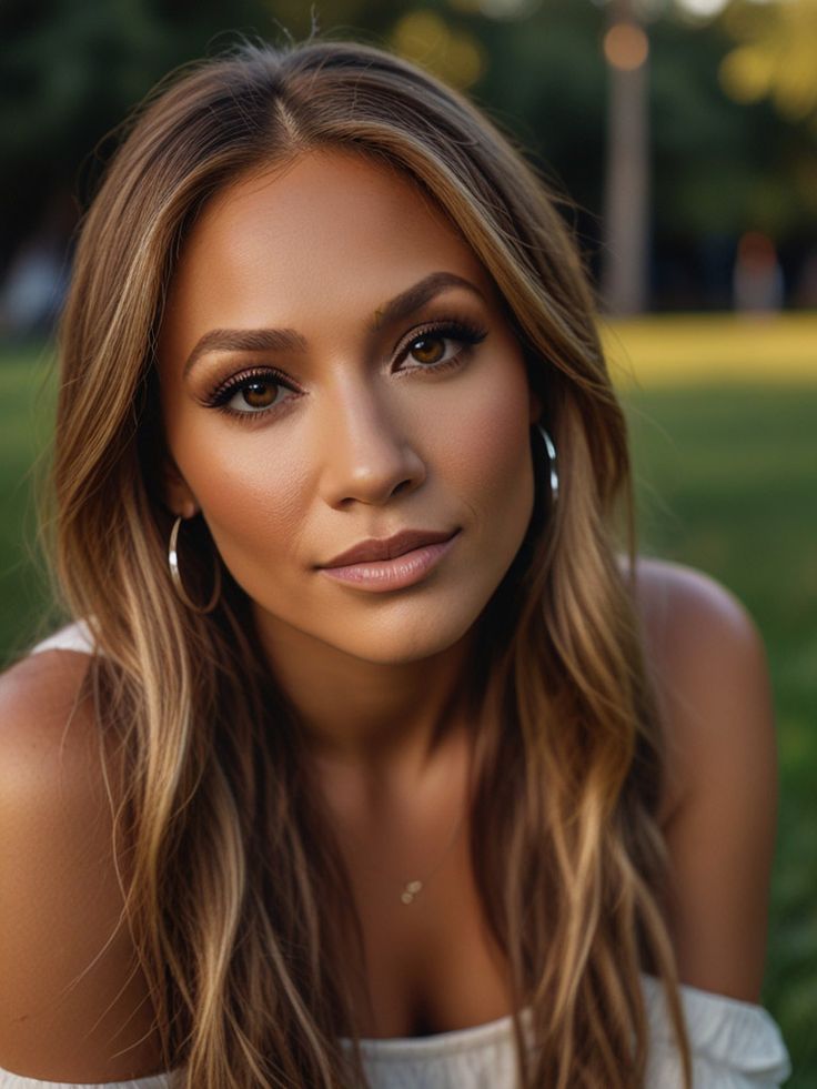 a beautiful young woman with long hair posing for a photo in the grass, wearing large hoop earrings