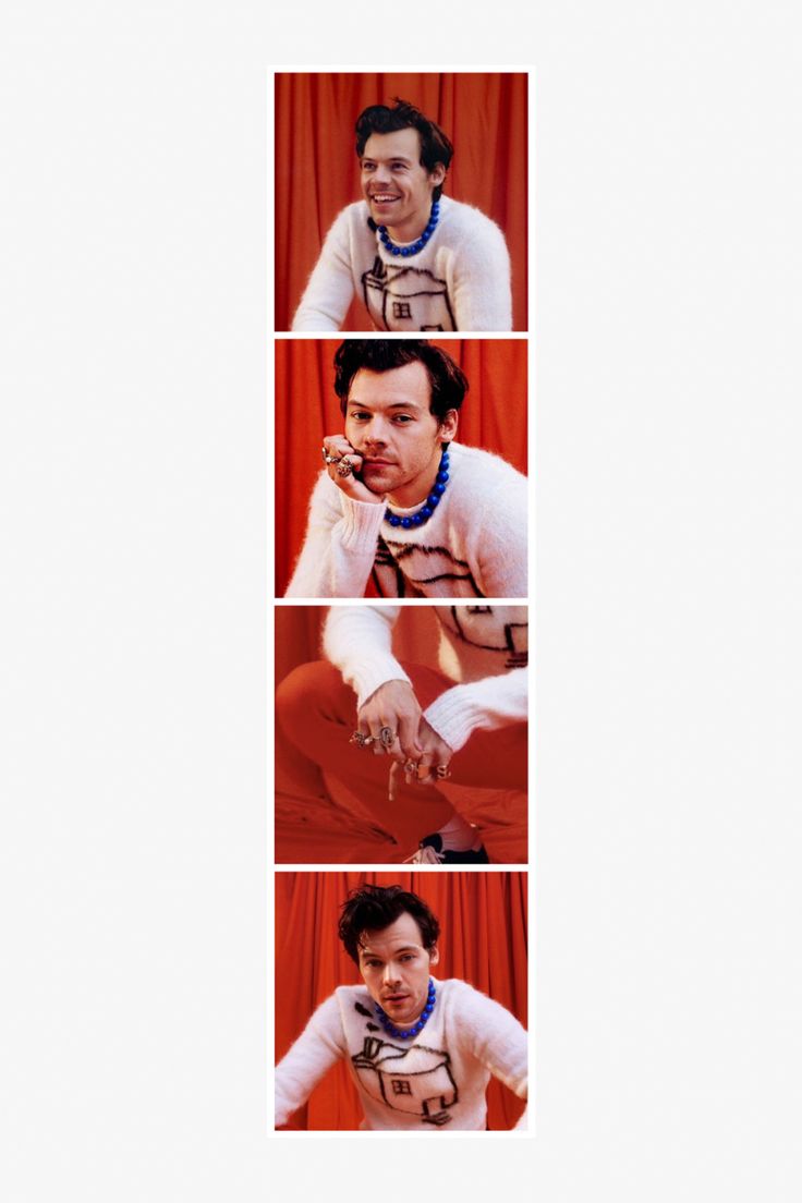 four different shots of a man talking on a cell phone and holding something in his hand