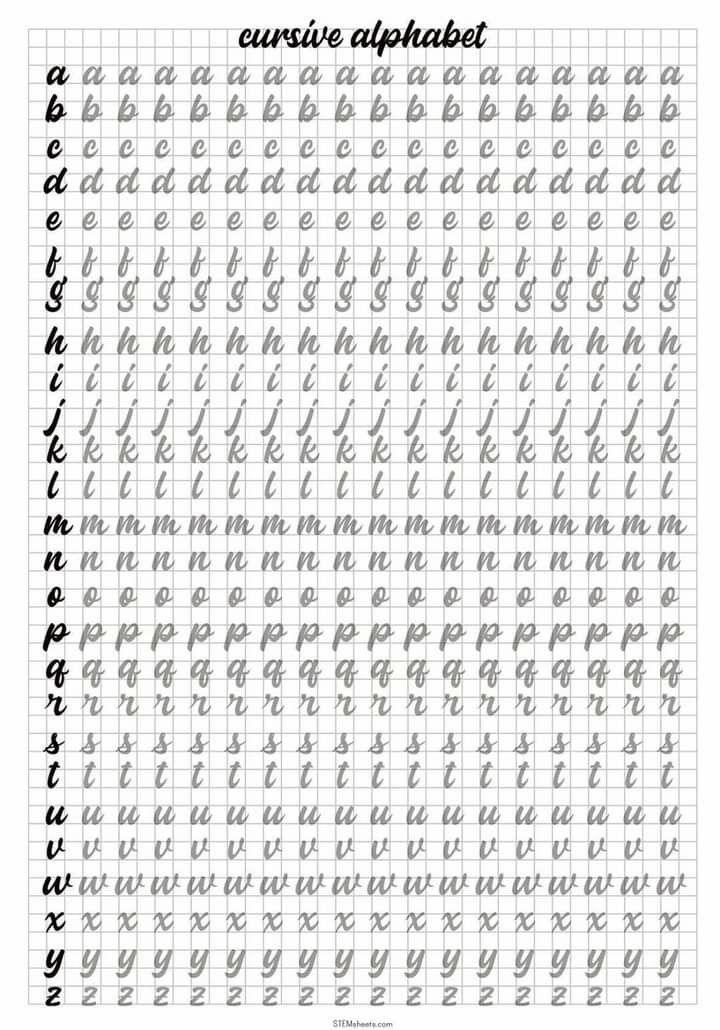 the cursive alphabet is shown in black and white