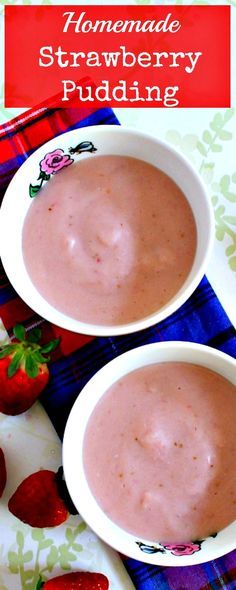 two white bowls filled with strawberry pudding on top of a blue and red table cloth