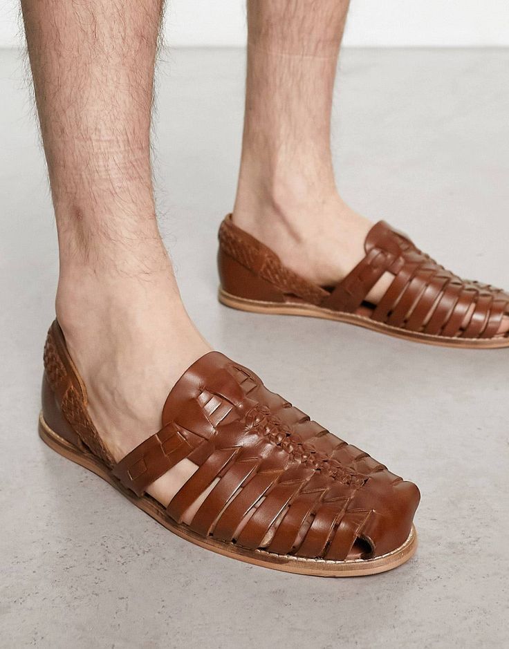 ASOS DESIGN woven sandals in tan leather | ASOS Brown Leather Huarache Sandals With Ankle Strap, Brown Leather Ankle Strap Huarache Sandals, Summer Brown Huarache Sandals With Leather Footbed, Brown Huarache Sandals With Leather Footbed For Summer, Brown Huarache Sandals With Leather Sole For Summer, Brown Ankle Strap Huarache Sandals With Leather Footbed, Brown Woven Leather Closed-toe Sandals, Brown Woven Leather Closed Toe Sandals, Brown Woven Leather Open Toe Huarache Sandals