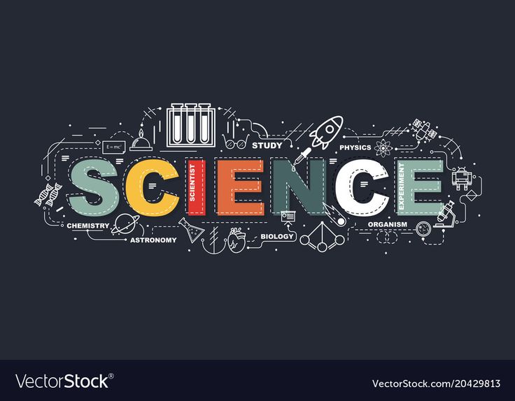 the word science written in colorful letters on a dark background with icons and symbols around it