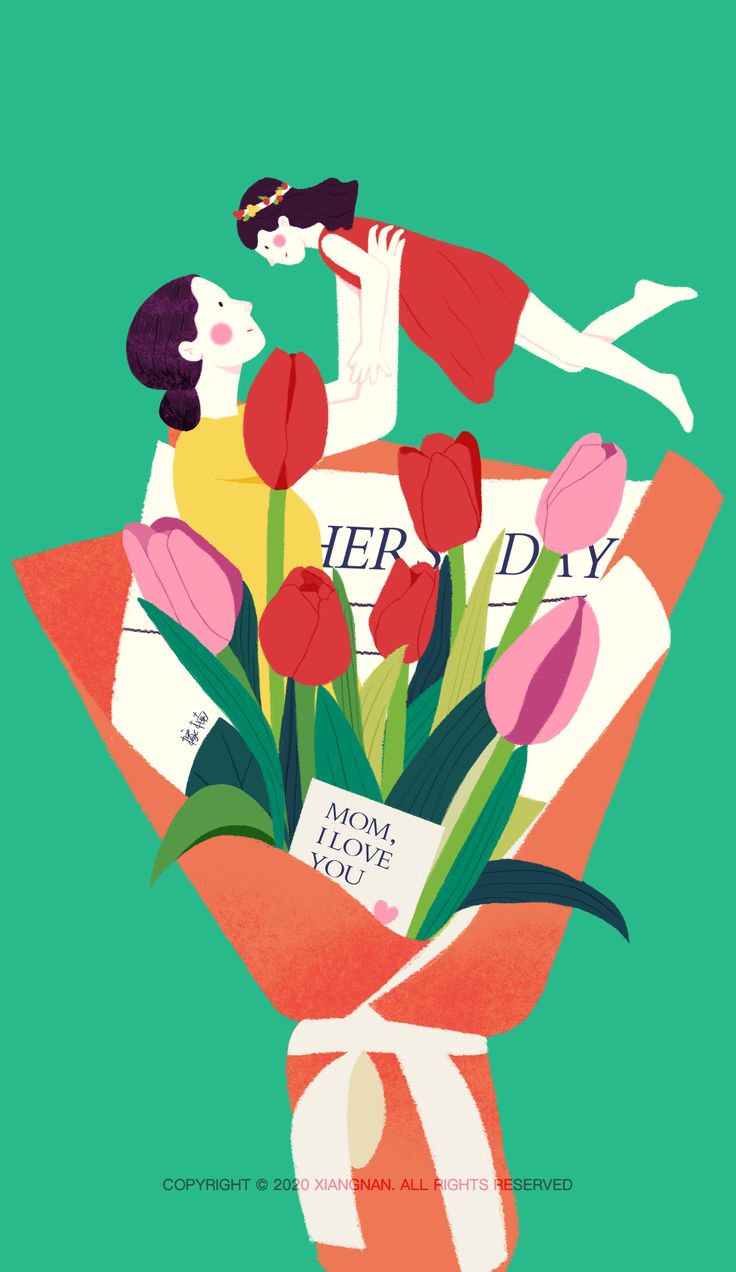 an illustration of a woman holding a bouquet of tulips with the words happy mother's day on it