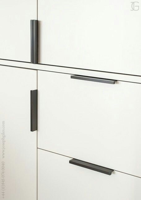 a white cabinet with two black handles on it