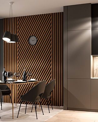 a modern dining room with wood paneling on the wall and chairs around the table