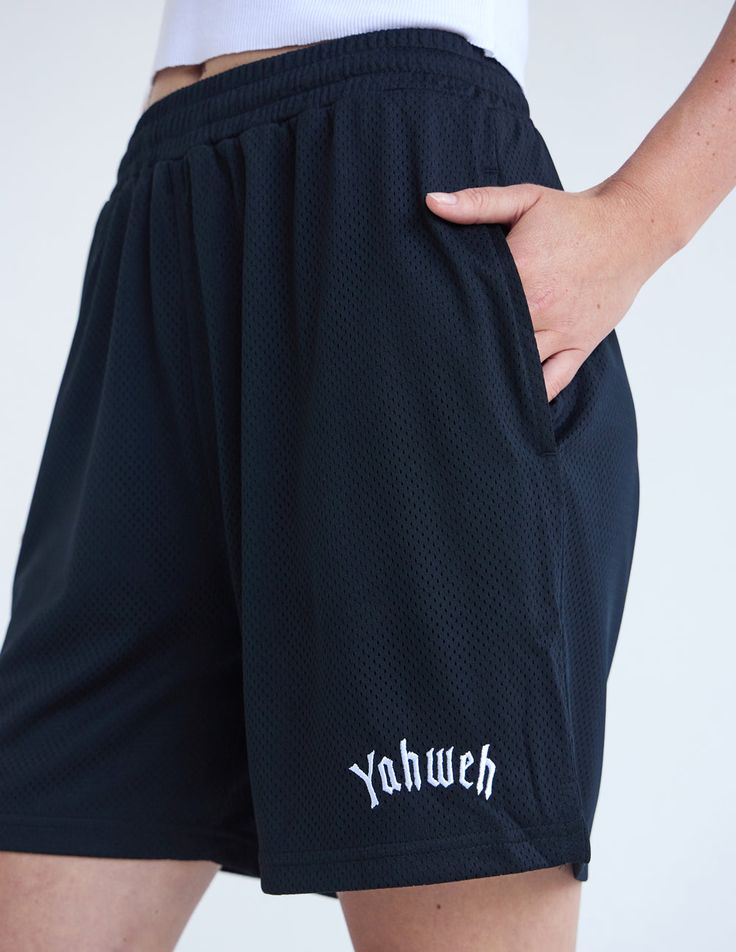 Keep cool and move freely. Made from an ultra breathable 150 GSM polyester mesh, our new active short features deep pockets, an adjustable waistband, and a 5" above-the-knee inseam.    “You were shown these things so that you might know that the LORD is God; besides him there is no other." -Deuteronomy 4:35    Size:  Model is 5'9" and wearing a size Small. Fit:  Relaxed, Unisex Fit Color: Black Composition: 100% Polyester Features:  Super Soft, Pre-Shrunk, Hidden Drawcord