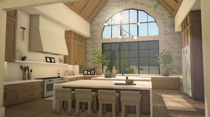 an artist's rendering of a kitchen and dining area in a house with large windows