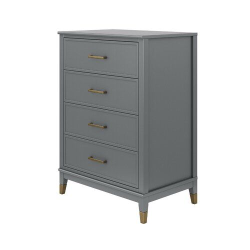 a grey chest of drawers with gold handles on the top and bottom, against a white background