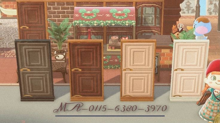 an animal crossing game with many doors and furniture in the foreground, there is a woman walking by