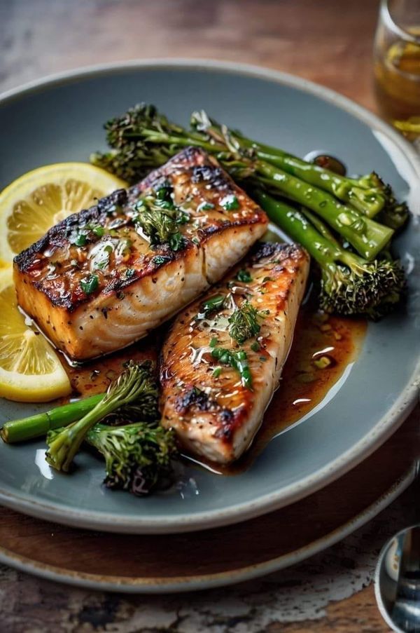 salmon and broccoli are served on a plate with lemon wedged asparagus