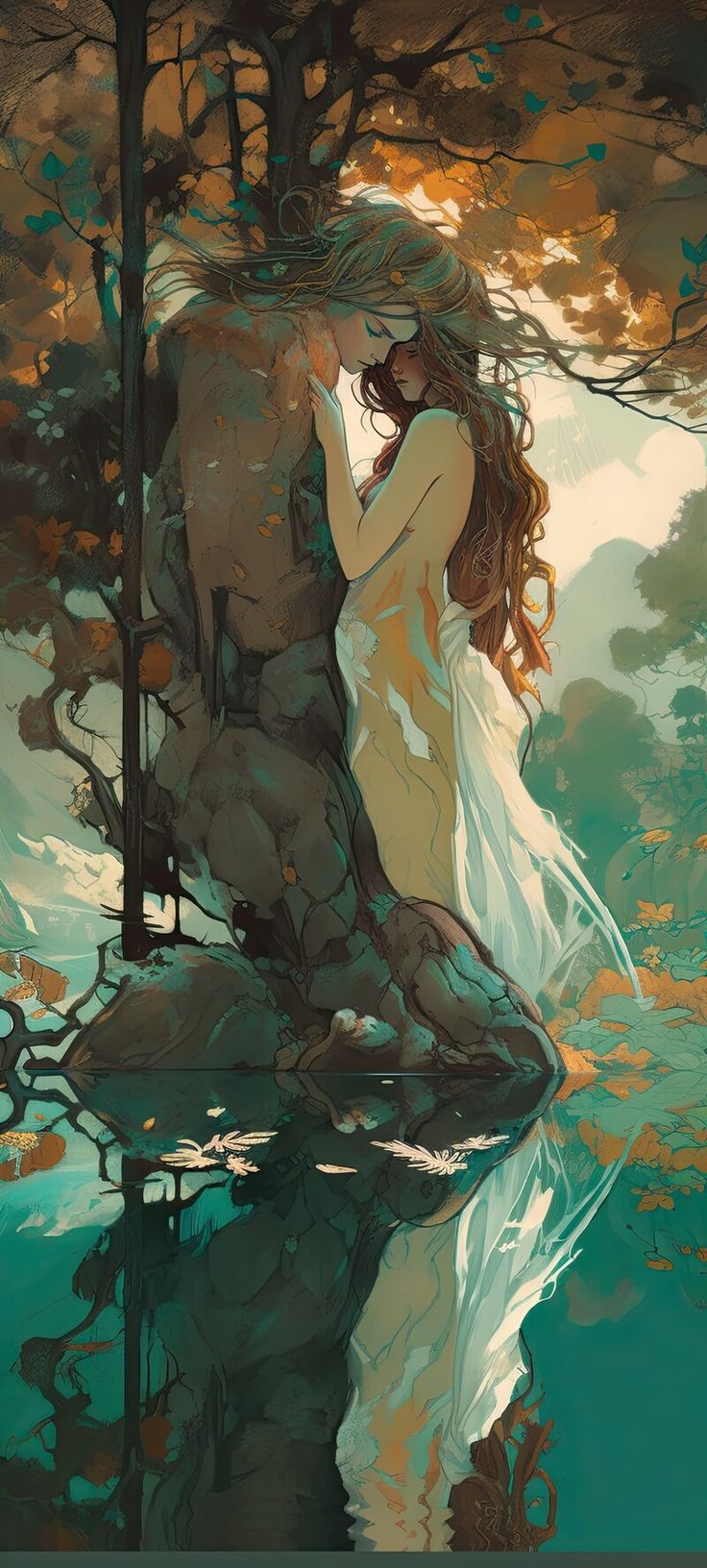 a painting of a man and woman kissing in the water with trees reflected in the water