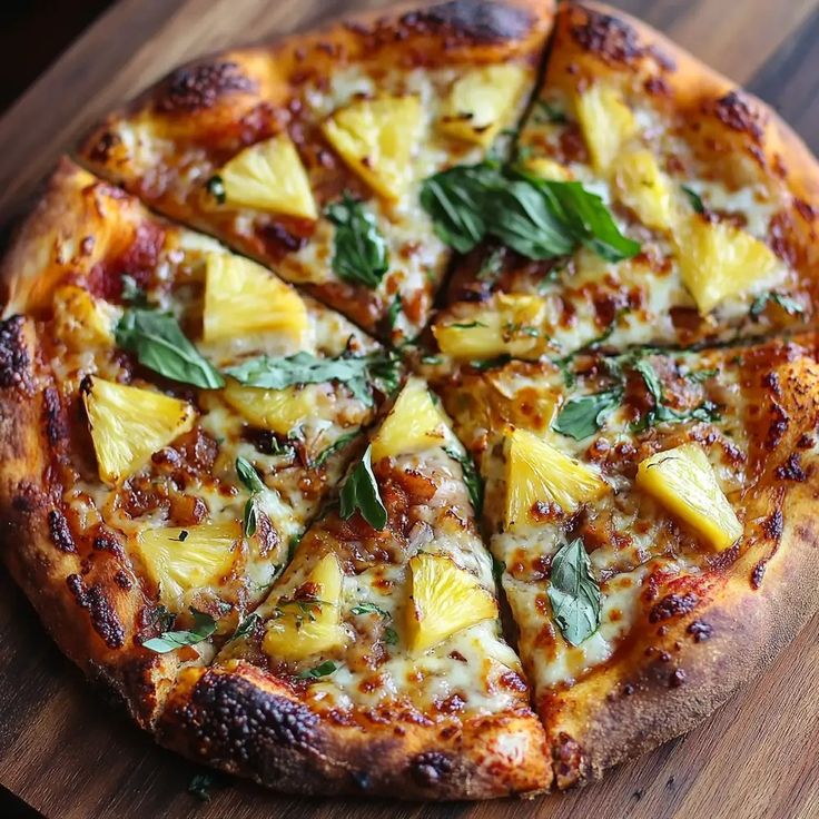 a pineapple and basil pizza on a wooden cutting board