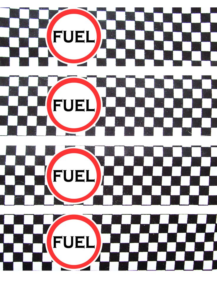 three stickers with the words fuel and checkered pattern in red, white and black