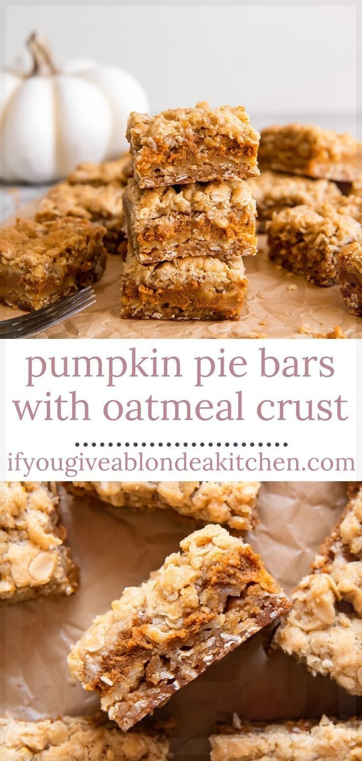 pumpkin pie bars with oatmeal crust are stacked on top of each other