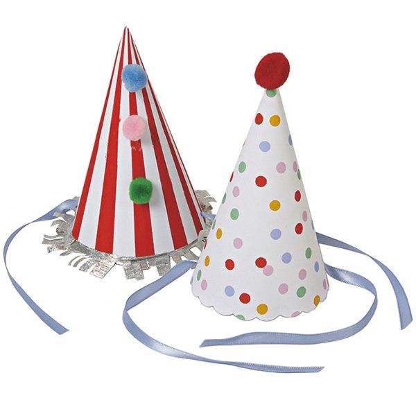 two party hats on top of each other, one with a red and white striped hat