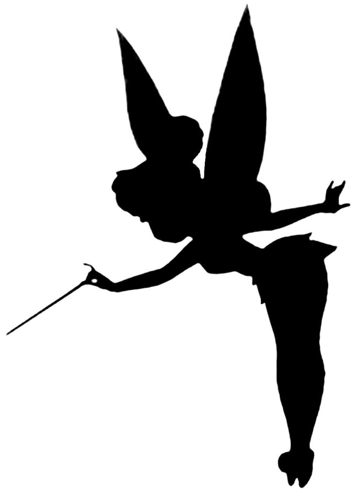 a black and white silhouette of a tinkerbell flying with a wand in it's hand