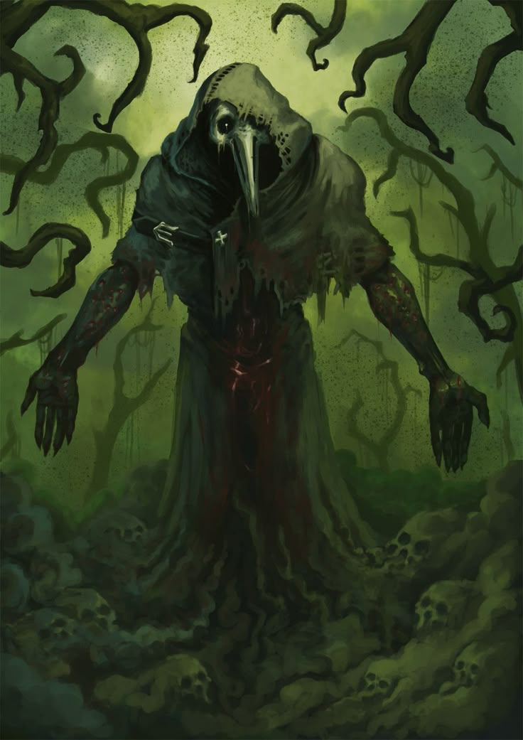 a painting of a creepy creature in the woods