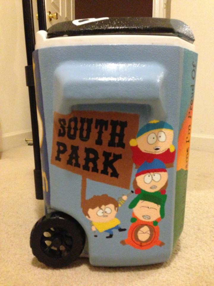 a blue cooler with the words south park on it and cartoon characters painted on it