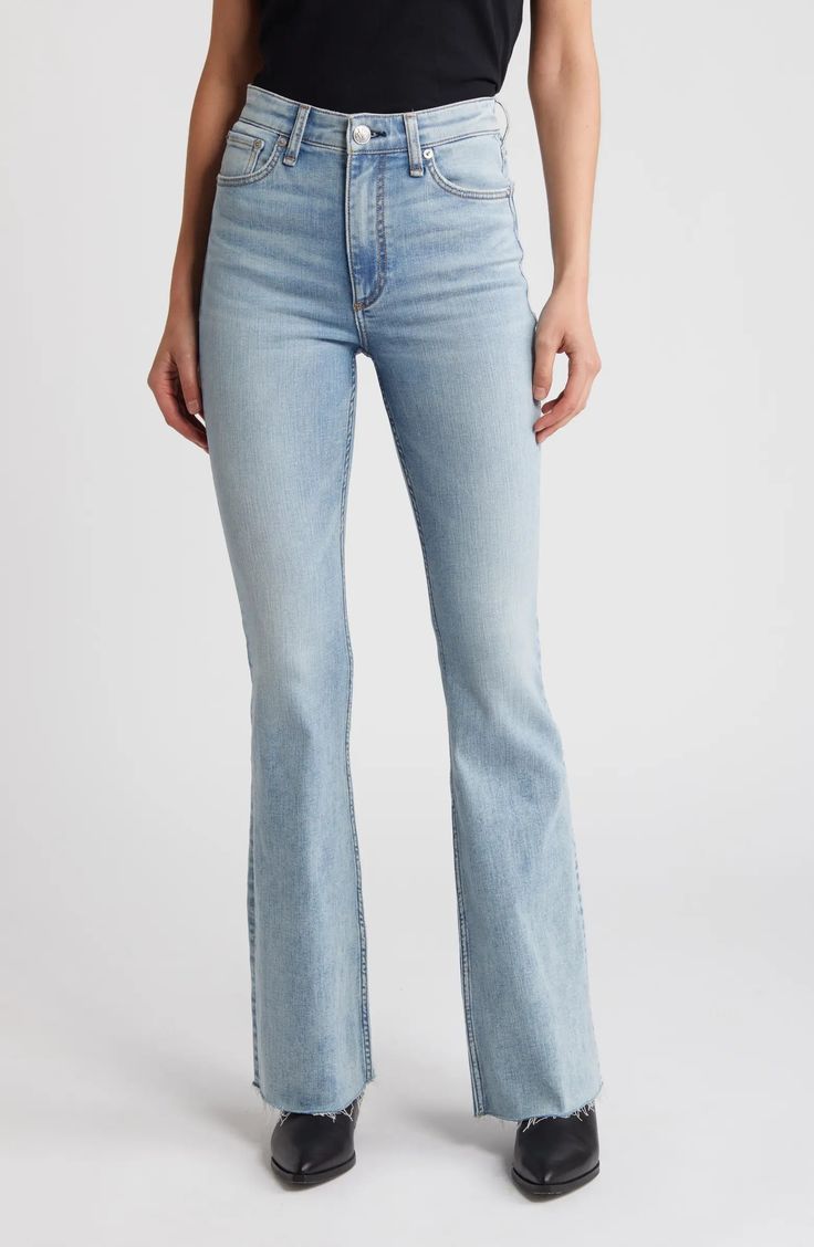 rag & bone Casey Raw Hem High Waist Flare Jeans | Nordstrom Medium Wash Flare Bottoms With Frayed Hem, Straight Leg Stretch Flares With Frayed Hem, Stretch Straight Leg Flares With Frayed Hem, Stretch Full-length Flare Jeans With Frayed Hem, Stretch Full Length Flare Jeans With Frayed Hem, High-rise Medium Wash Flares With Five Pockets, Light Wash Stretch Flare Jeans, Faded Flare Bottoms With Frayed Hem, Fitted Denim Flares With Frayed Hem