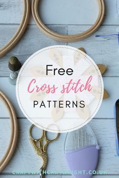 the free cross stitch pattern is shown with scissors and other crafting supplies around it