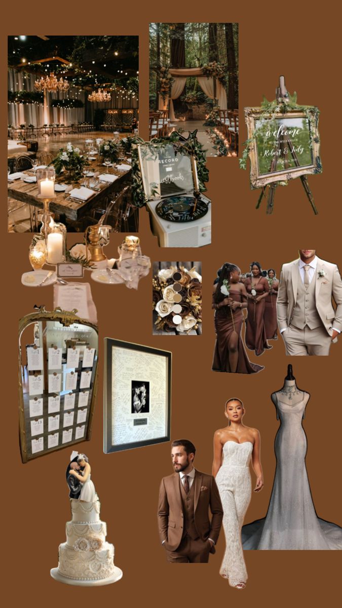 a collage of wedding photos and fashion items