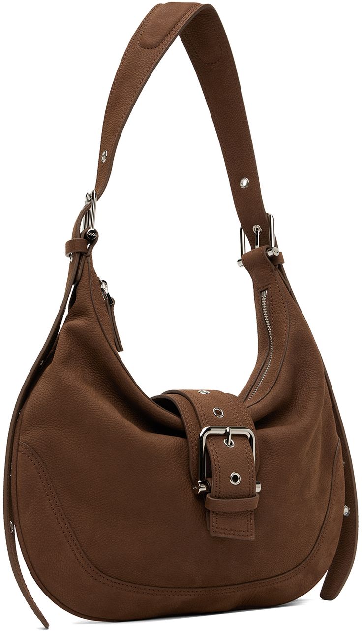 Grained leather shoulder bag in brown. · Adjustable shoulder strap · Magnetic pin-buckle tab · Zip closure · Patch pocket at interior · Cotton microfiber lining · H10 x W13.5 x D0.5 Supplier color: Stain brown Brown Business Bag With Buckle Closure, Formal Brown Hobo Bag With Metal Hardware, Brown Shoulder Bag With Palladium Hardware For Everyday Use, Brown Bags With Buckle Closure For Everyday, Modern Brown Shoulder Bag With Metal Hardware, Brown Shoulder Bag With Buckle Closure For Travel, Brown Leather Hobo Bag With Metal Hardware, Classic Brown Shoulder Bag For On-the-go, Brown Crossbody Shoulder Bag With Palladium Hardware