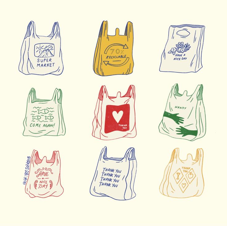 six bags with different designs on them, one has a heart and the other has an i love you tote bag