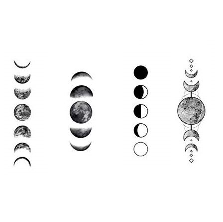 the phases of the moon are shown in black and white, as well as an image of