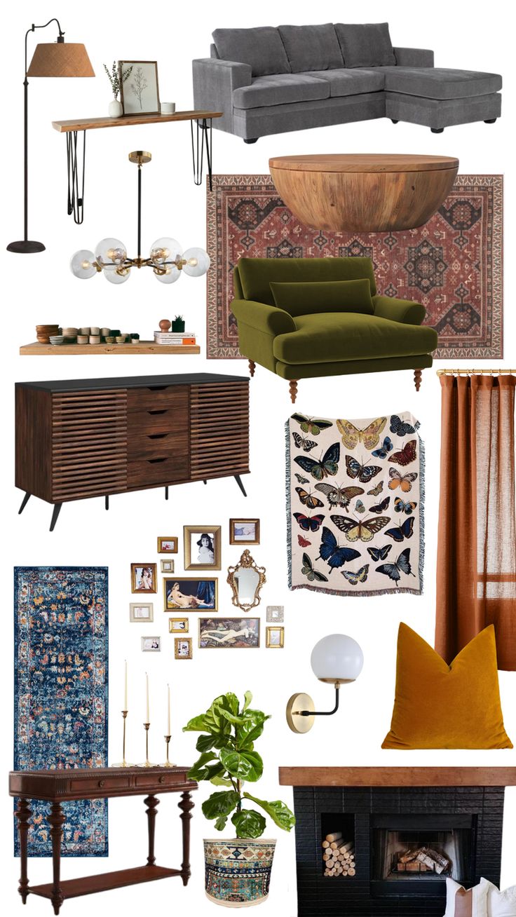 a collage of furniture and decor items