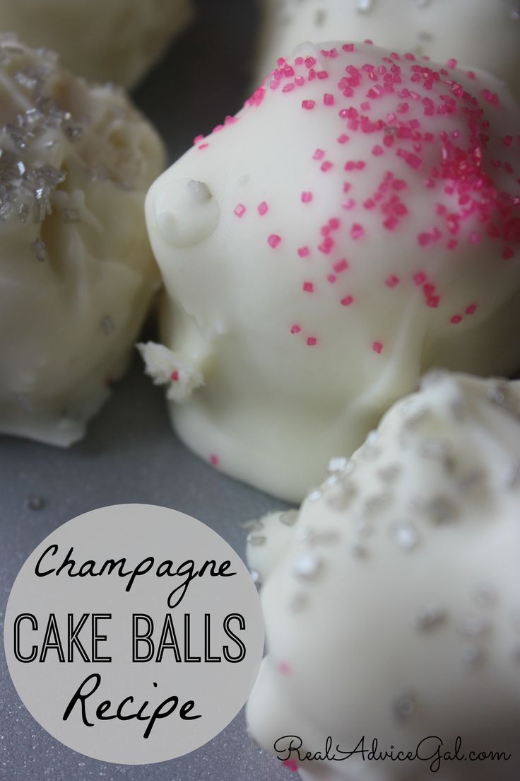 white cake balls with pink sprinkles on top and the words champagne cake balls recipe below