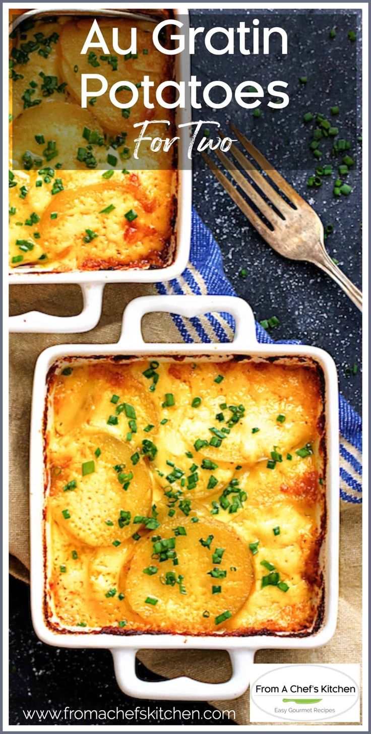 two white casserole dishes with potatoes and parsley