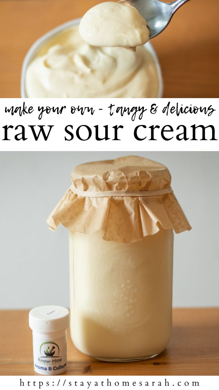 a spoon full of raw sour cream next to a jar with whipped cream in it