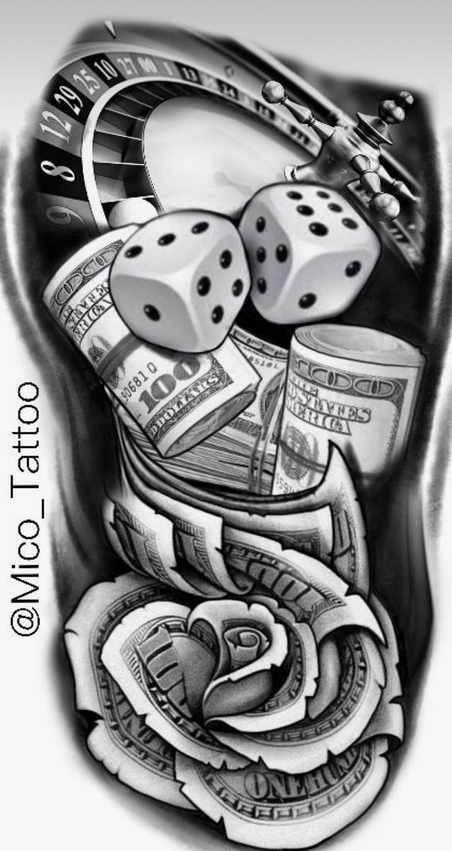 a drawing of two dice and some money on top of each other with the words casino written