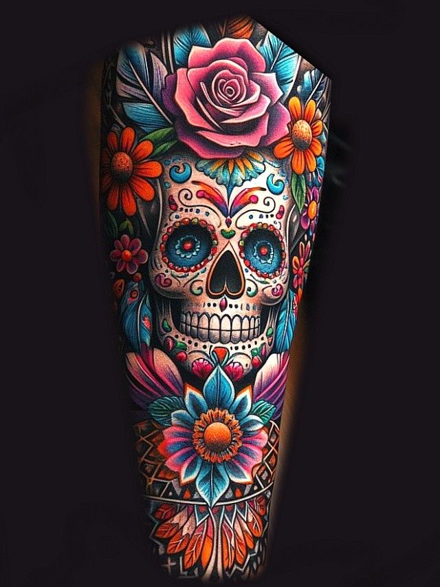 a tattoo with flowers and a skull on it