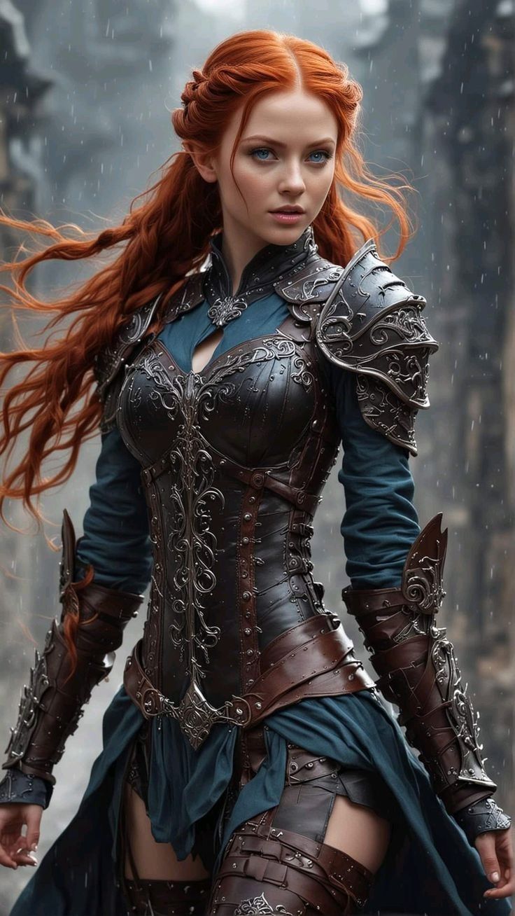 a woman with long red hair wearing armor