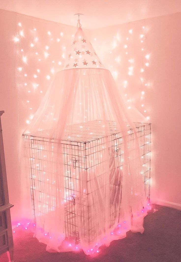 there is a cage with lights in the corner and a bed on the other side