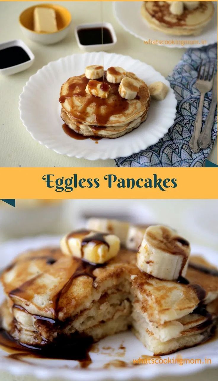 pancakes with syrup and bananas on top are shown in two different pictures, one is cut into