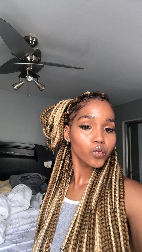 Ginger Box Braids With Blonde, Blond Brown Braids Black Women, Brown Braids With Blonde Peekaboo, Half Blonde Half Brown Braids, Light Brown And Blonde Box Braids, Honey Blonde And Brown Box Braids, Chunky Highlights Braids, Brown And Honey Blonde Braids, Brown Box Braids With Blonde Highlights