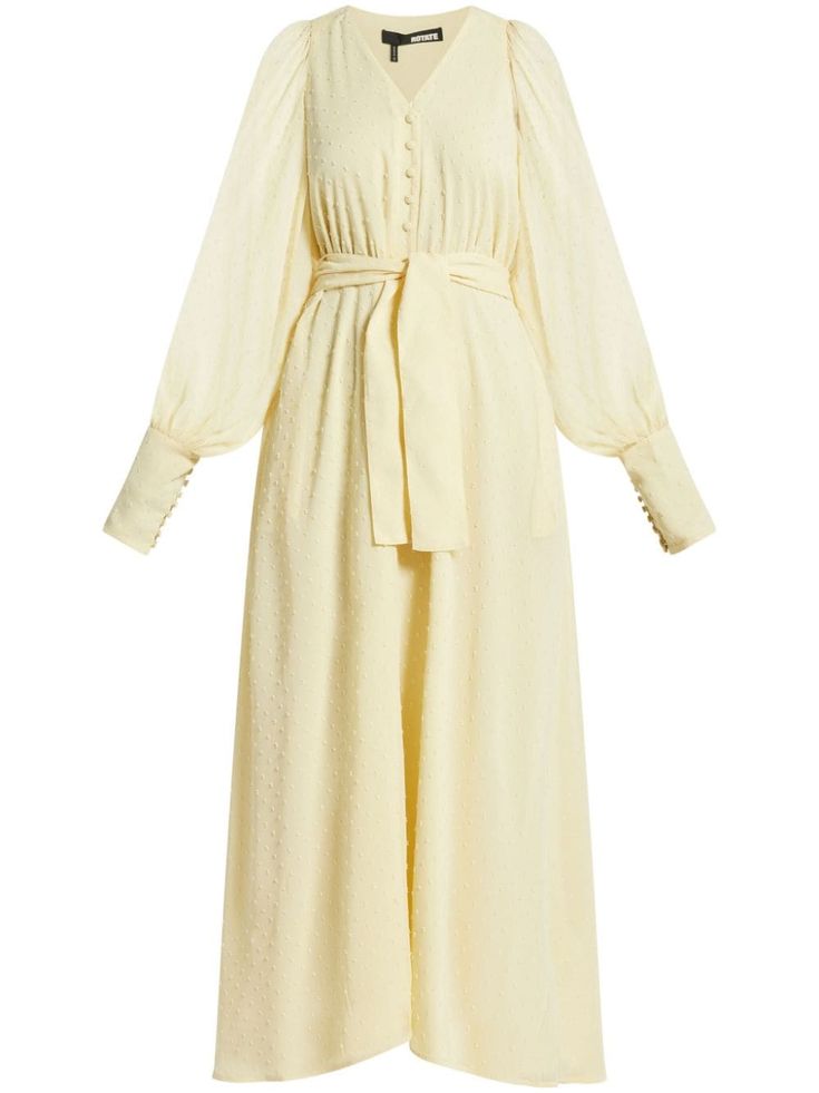 pastel yellow recycled polyester belted waist V-neck fabric-covered front button fastening concealed front buckle fastening long voluminous fitted-cuff sleeves asymmetric hem ankle-length Rotate Birger Christensen, Birger Christensen, Yoko London, Upcycled Materials, Wardrobe Edit, City Dress, Pastel Yellow, Summer Beach Wear, Exclusive Fashion