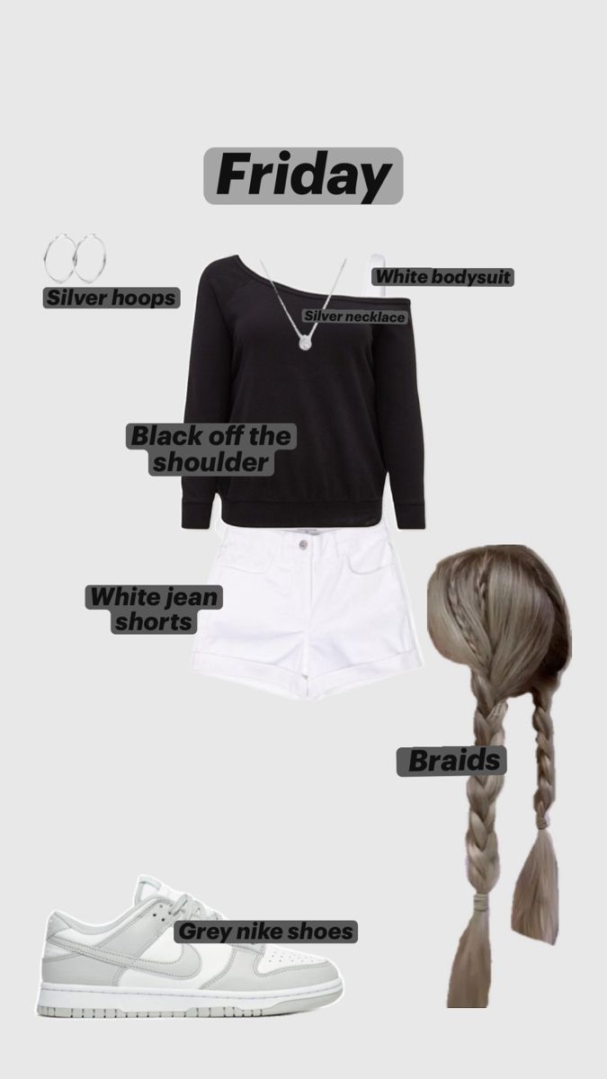 Friday Friday Outfits For School, Gray Nike Shoes, Back To School Fits, Outfits For School, Friday Outfit, Short Braids, White Jean Shorts, Cute Outfits For School, White Bodysuit