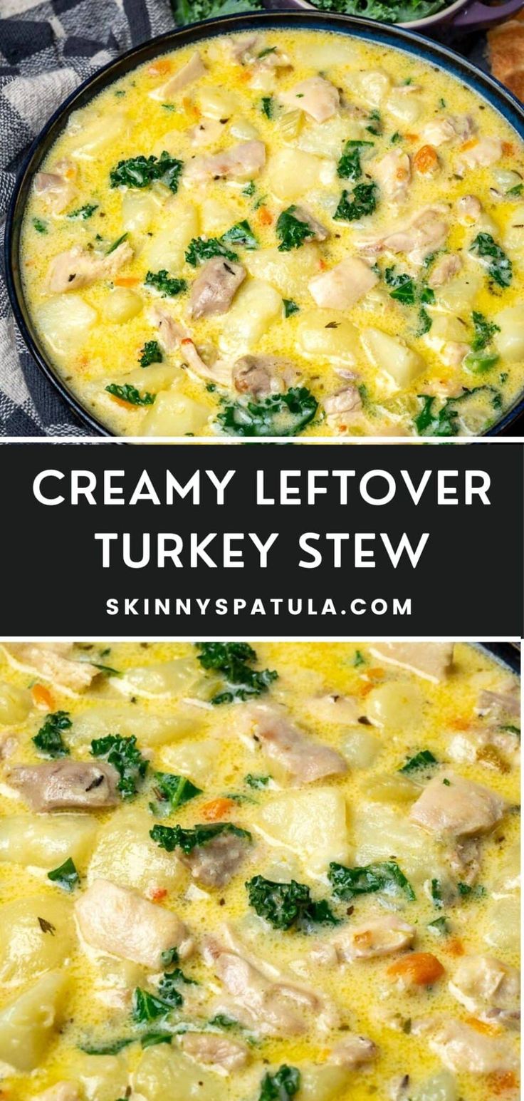 creamy leftover turkey stew with spinach and potatoes is an easy dinner recipe that's ready in under 30 minutes