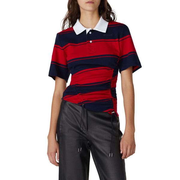 Red and blue striped jersey (100% Cotton). Top. Short sleeves. Shirt collar neckline. 24" from shoulder to hemline. Imported. Polo Collar Contrast Stripes Top For Work, Polo Collar Top With Contrast Stripes For Work, Classic Red Tops With Collared Neckline, Striped Tops With Ribbed Collar For Work, Striped Top With Ribbed Collar For Work, Red Polo Top With Striped Collar, Red Polo Shirt With Striped Collar, Striped Short Sleeve Top With Ribbed Collar, Red Short Sleeve Tops With Vertical Stripes