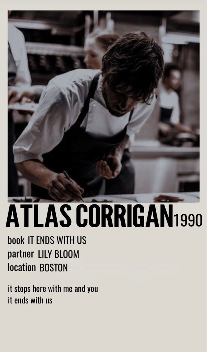 an advertisement for a restaurant called atlas corrigan, featuring a man working in the kitchen