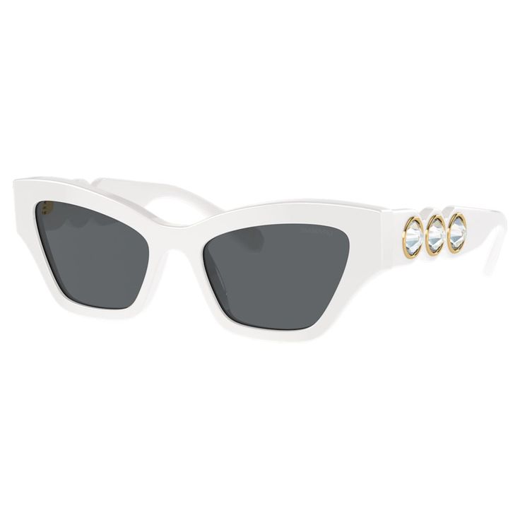 Crafted with a sleek and powerful shape, these striking sunglasses take inspiration from Swarovski’s Imber family. The design features white acetate frames and black lenses, along with three large clear crystals on each temple, placed in a gold-tone bezel setting. These luminous additions provide a truly head-turning look. Pair with matching jewelry from the Imber family. Elegant Optic White Sunglasses With Tinted Lenses, Swarovski Sunglasses, Cotton Gloves, Sporty Design, Matching Jewelry, Swimming Goggles, Clear Crystals, Eye Shapes, Branded Bags