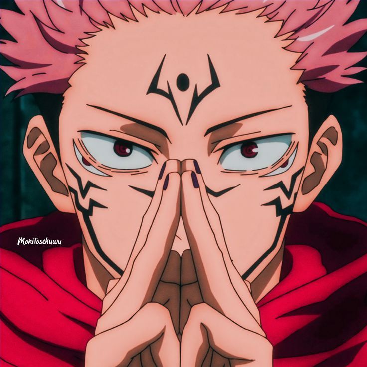 an anime character with pink hair covering his face and hands in front of his face