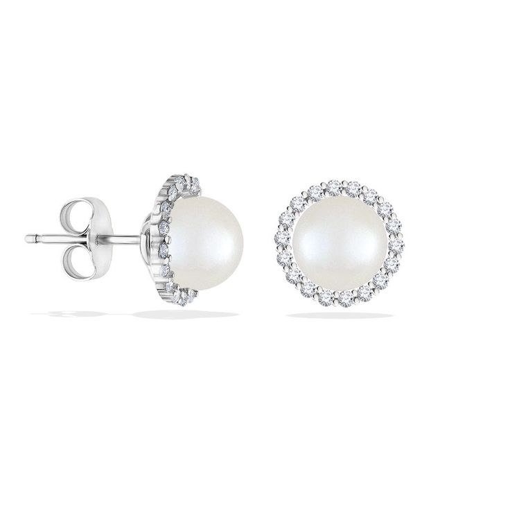 14K Yellow Gold Halo Stud Earrings with 6.5mm White Akoya Pearls and 0.27 Carats (total weight) of Diamonds. The earrings measure approximately 3/8" in diameter. Timeless Diamond Pearl Earrings, 14k White Gold Halo Earrings, Halo Diamond Earrings For Formal Occasions, Formal Round Halo Diamond Earrings, Classic Cluster Earrings For Formal Occasions, Elegant Round Cut Cluster Earrings With Halo Setting, Fine Jewelry Halo Design Round Cut Earrings, Round Brilliant Cut Cluster Earrings For Formal Occasions, Round Brilliant Cut Cluster Earrings For Formal Events