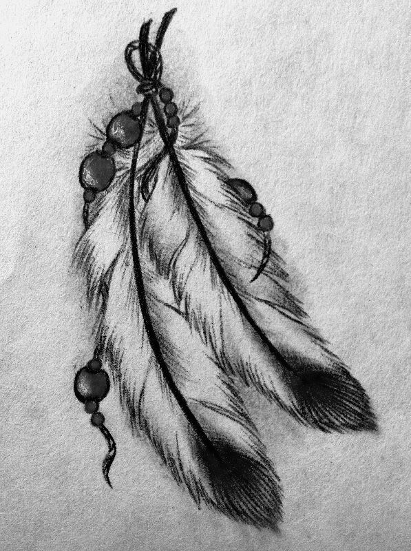 a drawing of a feather with beads on it