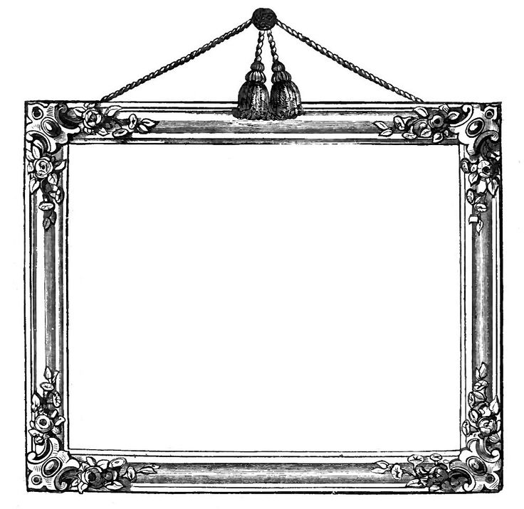 an old frame hanging on a rope with two tassels in the middle, vintage line drawing or engraving illustration