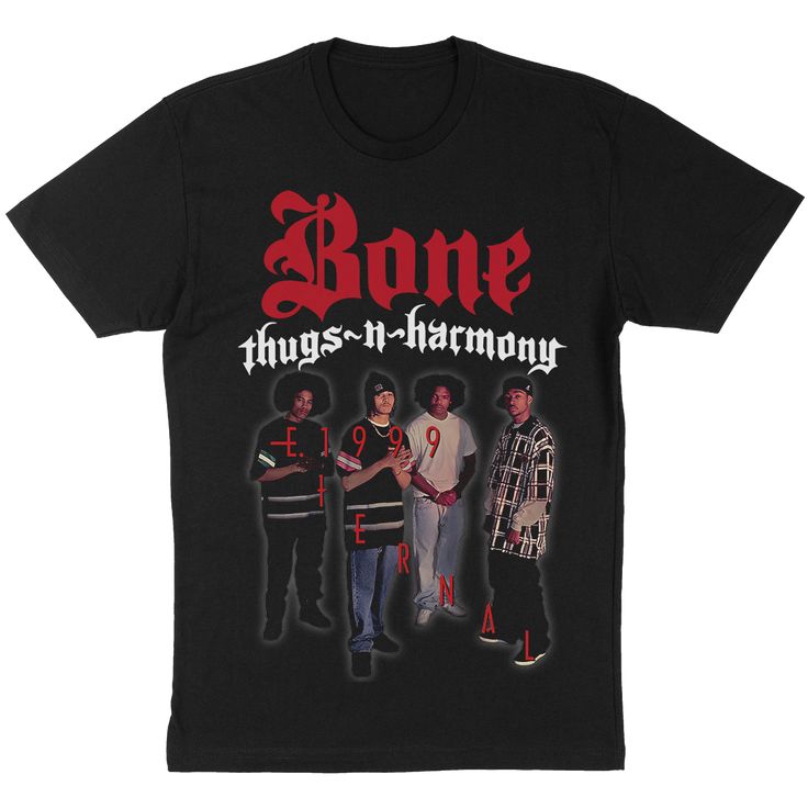 A unisex crewneck t-shirt in black with Bone Thugs N Harmony "E 1999 Photo" graphic printed on the front. Hip Hop Crew Neck T-shirt Fan Merchandise, Hip Hop Crew Neck T-shirt For Fan Merchandise, Hip Hop Style Crew Neck T-shirt For Fans, 90s Style Sublimation Print T-shirt For Streetwear, 90s Style T-shirt With Sublimation Print For Streetwear, Pop Culture T-shirt With Sublimation Print For Streetwear, Band Merch T-shirt With Sublimation Print, Pop Culture Sublimation Print T-shirt For Streetwear, Black Pop Culture T-shirt For Streetwear