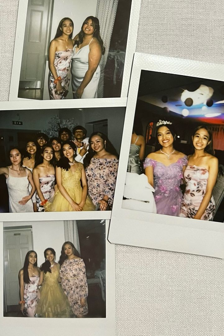 four polaroid photos of women in dresses posing for a photo together at a party